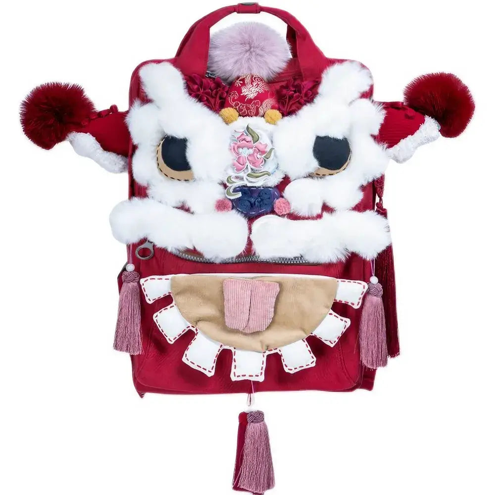 Cute Lion Roar Red Polyester Kawaii Handmade Backpack Casual Unique and Versatile