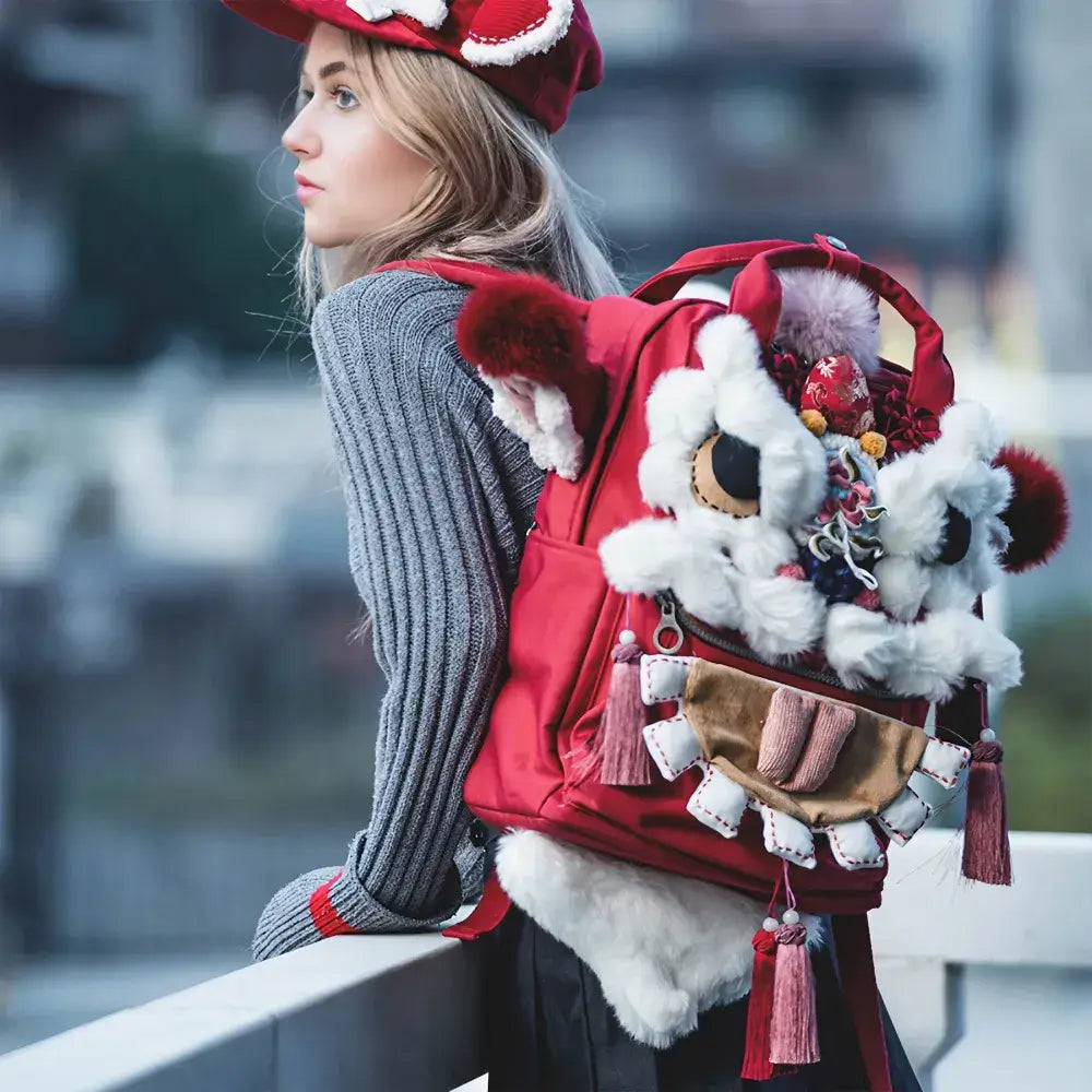 Cute Lion Roar Red Polyester Kawaii Handmade Backpack Casual Unique and Versatile