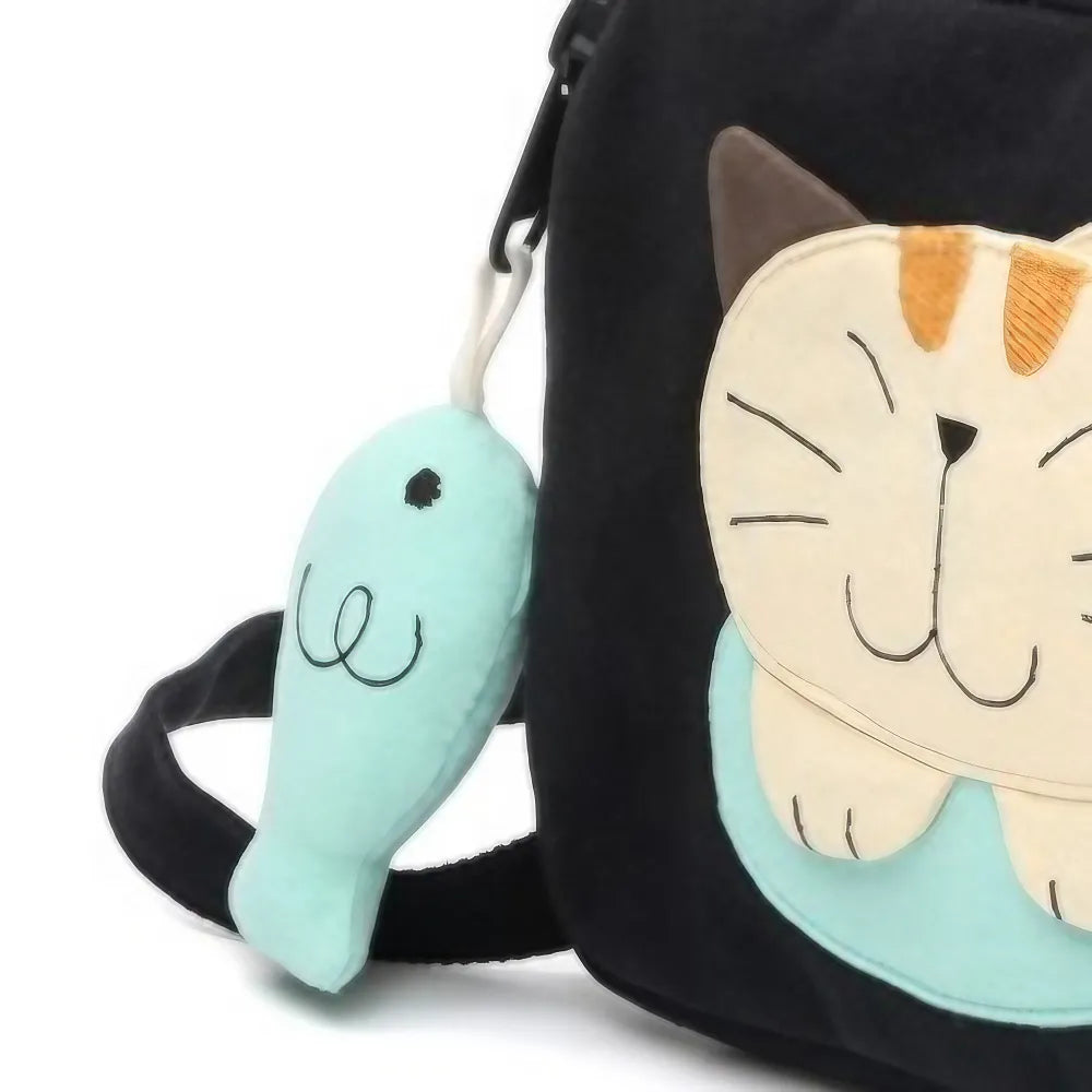 Kawaii Black Cat-themed Cotton Cute Crossbody Bag with Dual Zippers Casual and Practical