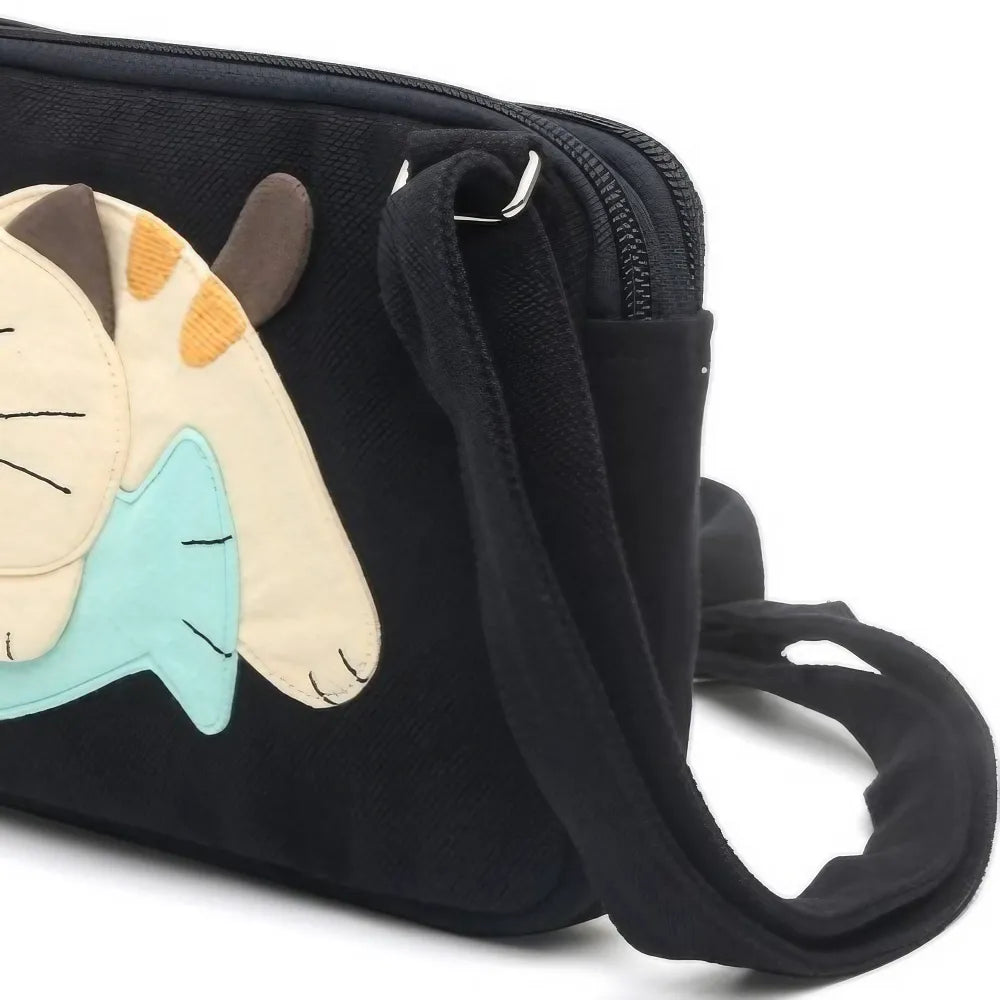 Kawaii Black Cat-themed Cotton Cute Crossbody Bag with Dual Zippers Casual and Practical