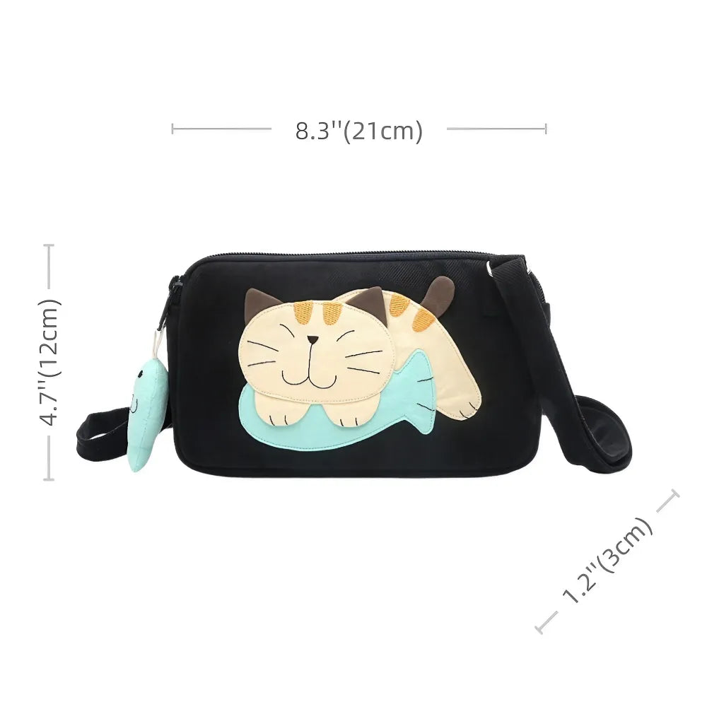 Kawaii Black Cat-themed Cotton Cute Crossbody Bag with Dual Zippers Casual and Practical