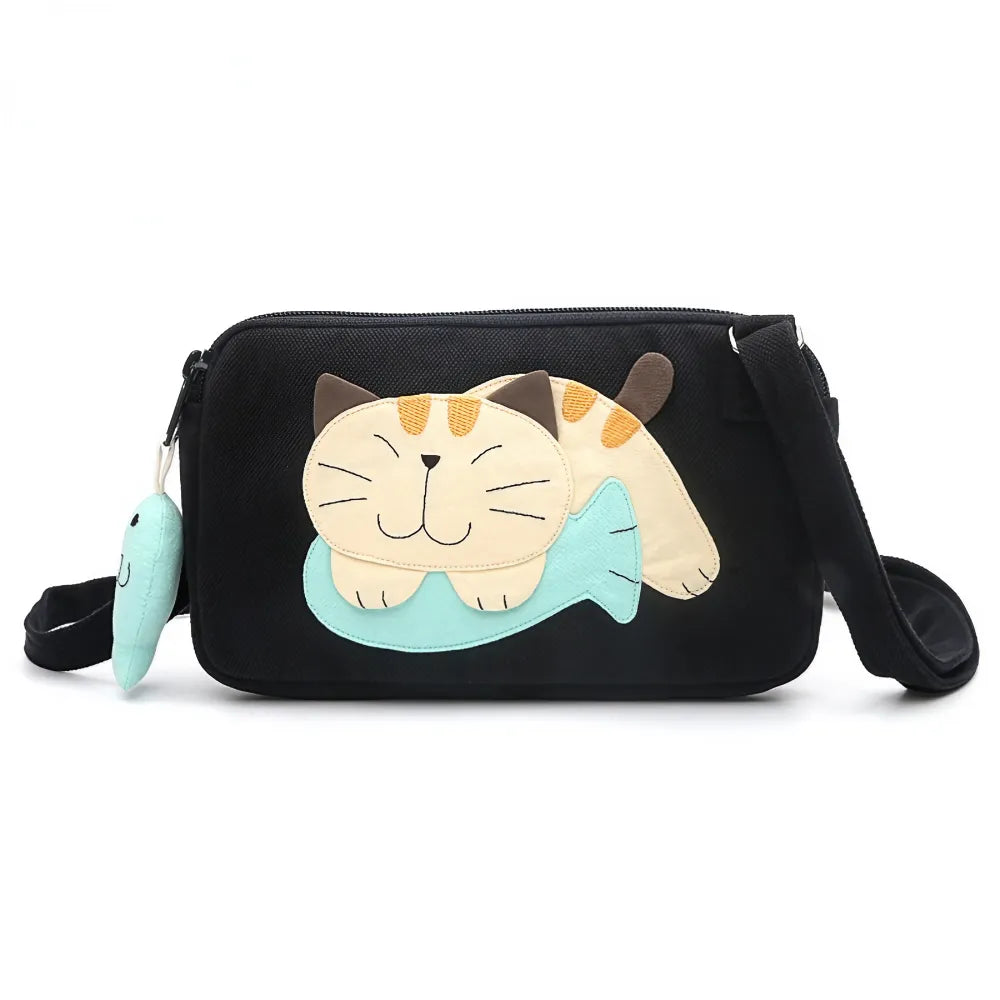 Kawaii Black Cat-themed Cotton Cute Crossbody Bag with Dual Zippers Casual and Practical