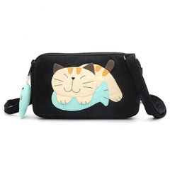 Kawaii Black Cat-themed Cotton Cute Crossbody Bag with Dual Zippers Casual and Practical