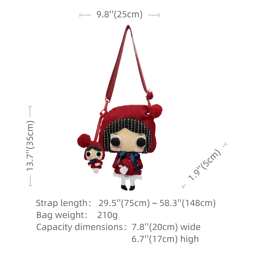 Kawaii Red Hat Doll Crossbody Bag in Corduroy Cute Casual Shoulder Bag