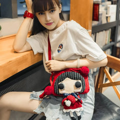 Kawaii Red Hat Doll Crossbody Bag in Corduroy Cute Casual Shoulder Bag