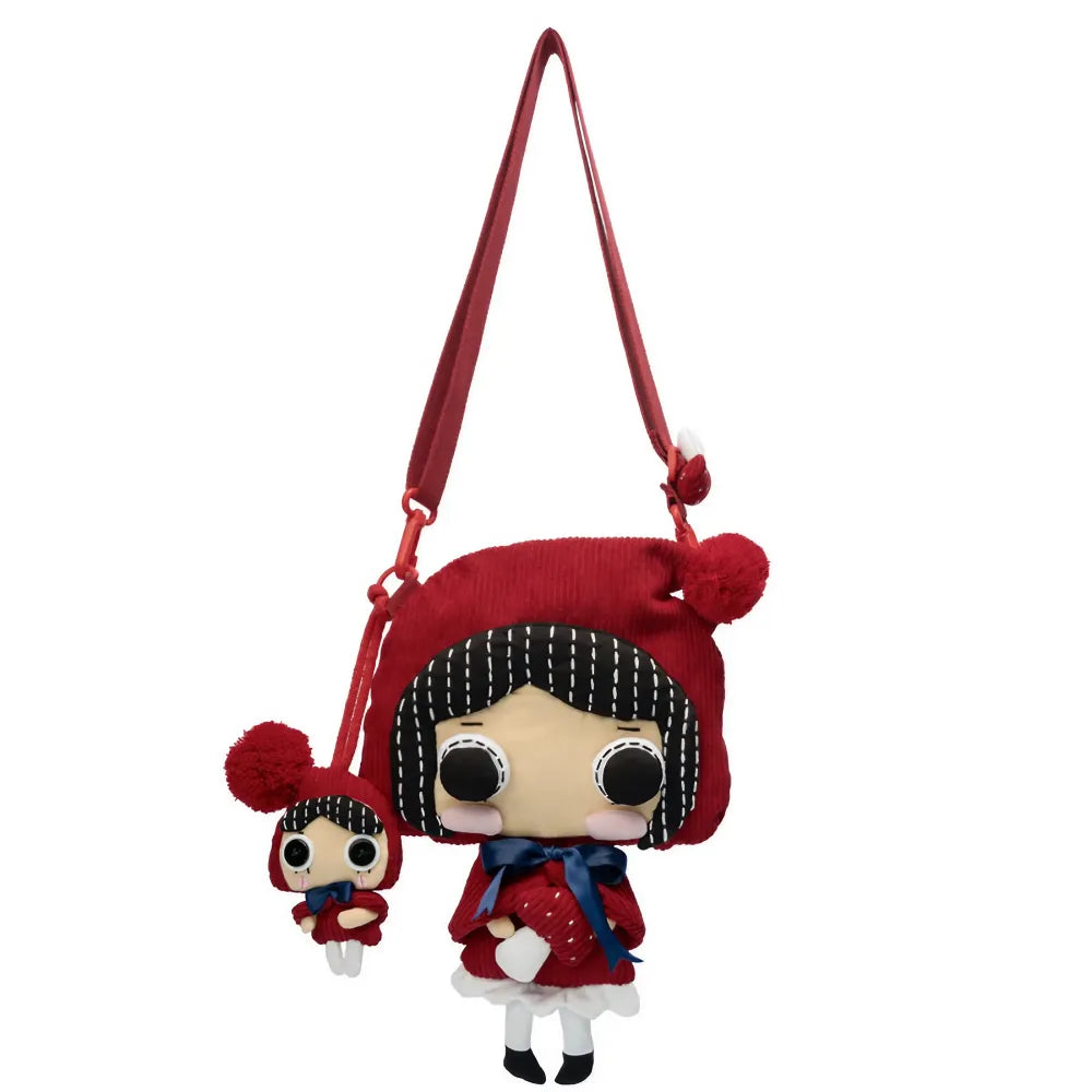 Kawaii Red Hat Doll Crossbody Bag in Corduroy Cute Casual Shoulder Bag