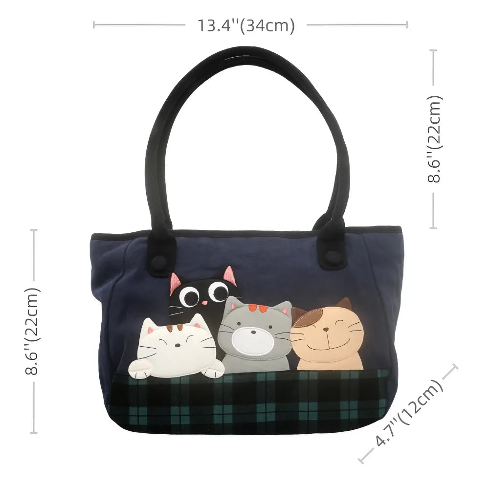 Kawaii Simple Dark Blue Canvas Cute Single Shoulder Tote Bag with 4 Cats Design Casual Style