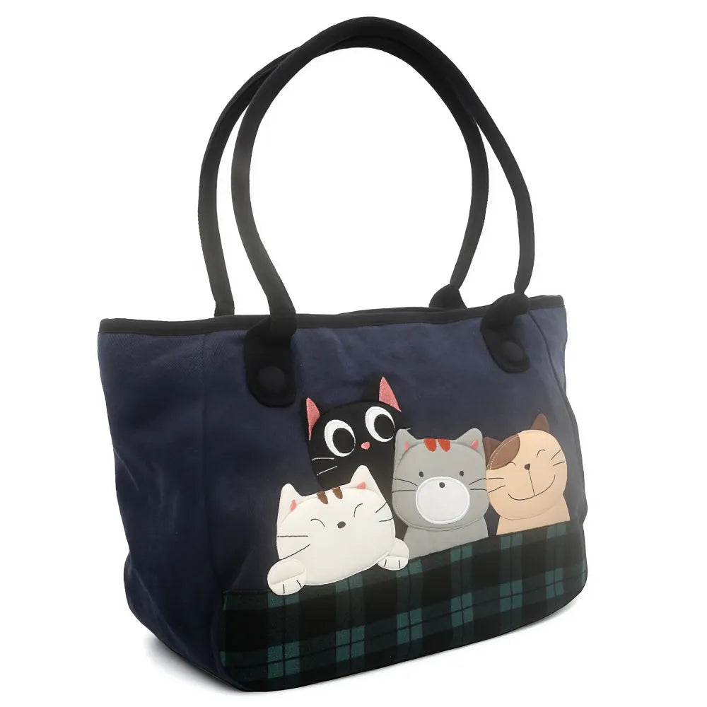 Kawaii Simple Dark Blue Canvas Cute Single Shoulder Tote Bag with 4 Cats Design Casual Style