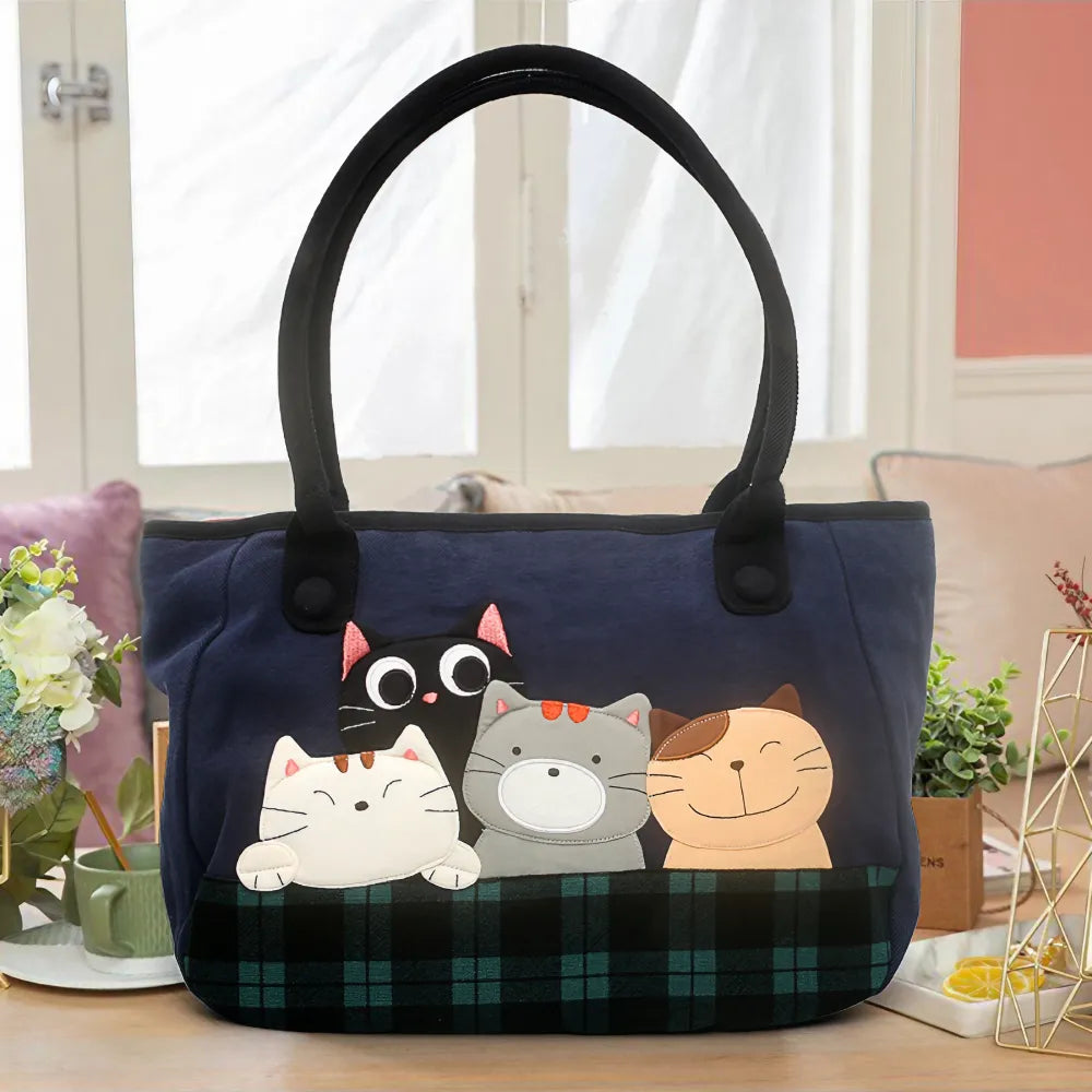 Kawaii Simple Dark Blue Canvas Cute Single Shoulder Tote Bag with 4 Cats Design Casual Style