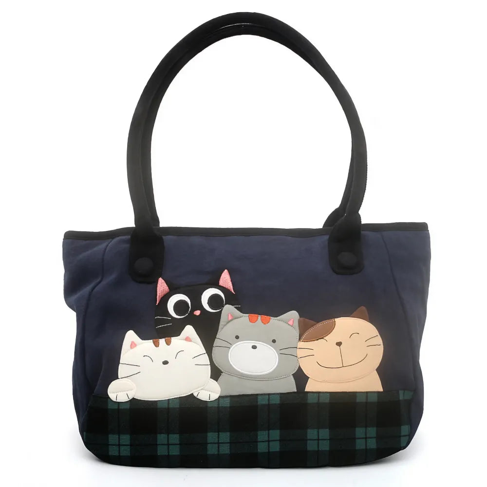 Kawaii Simple Dark Blue Canvas Cute Single Shoulder Tote Bag with 4 Cats Design Casual Style