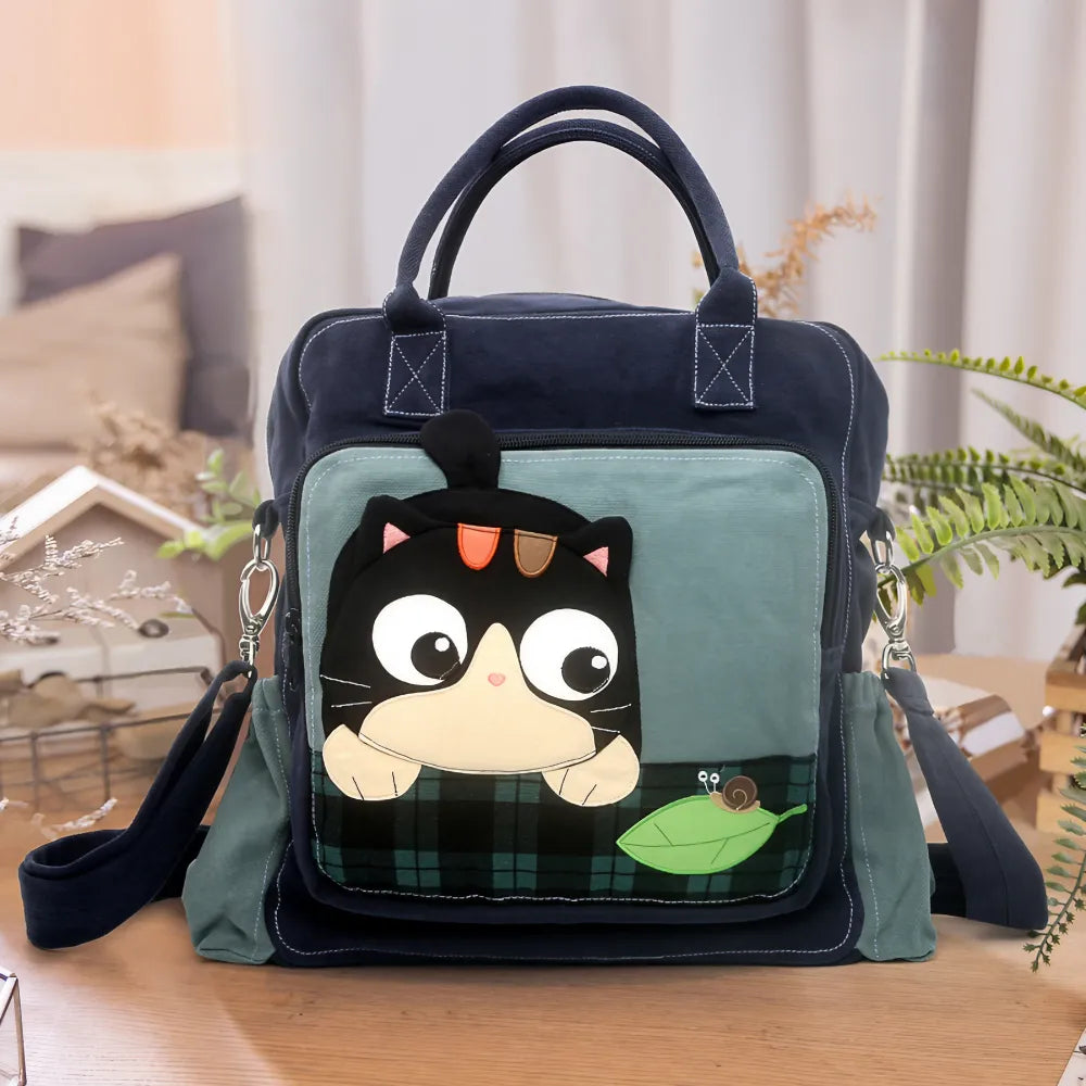 Kawaii Blue Canvas Cat Theme Shoulder Bag Cute and Simple Dual-Use Backpack
