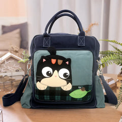 Kawaii Blue Canvas Cat Theme Shoulder Bag Cute and Simple Dual-Use Backpack