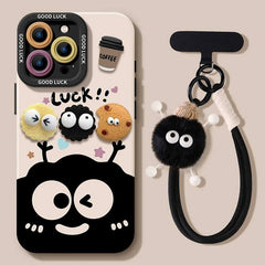 iPhone 14 15 16 Pro Max Case - Black Silicone - Cartoon Coal Ball Pattern