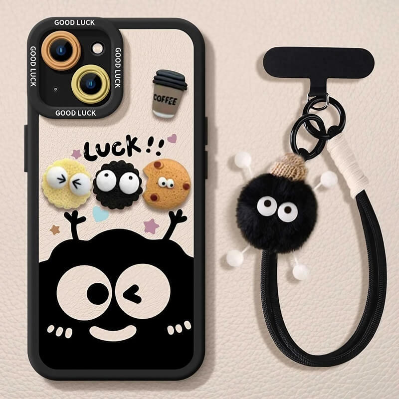 iPhone 14 15 16 Pro Max Case - Black Silicone - Cartoon Coal Ball Pattern