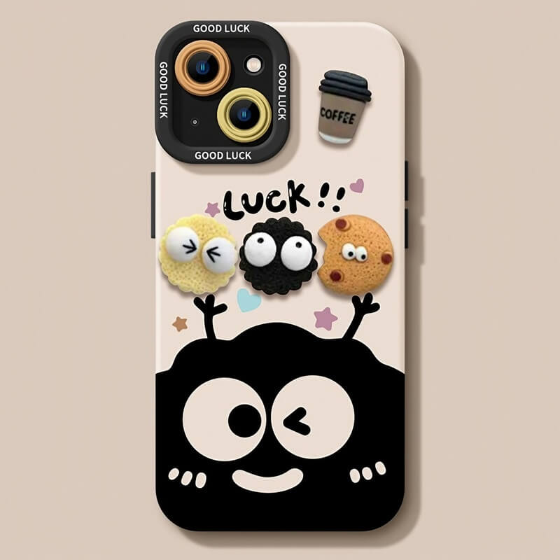 iPhone 14 15 16 Pro Max Case - Black Silicone - Cartoon Coal Ball Pattern