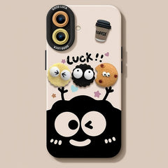 iPhone 14 15 16 Pro Max Case - Black Silicone - Cartoon Coal Ball Pattern