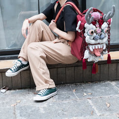 Cute and Unique Dragon Dance Kawaii Handmade Backpack in Burgundy Polyester Fiber Casual and Laptop Bag