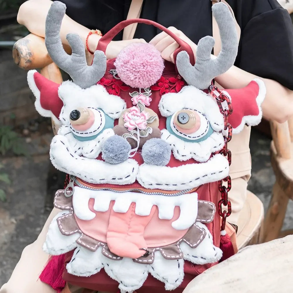 Cute and Unique Dragon Dance Kawaii Handmade Backpack in Burgundy Polyester Fiber Casual and Laptop Bag