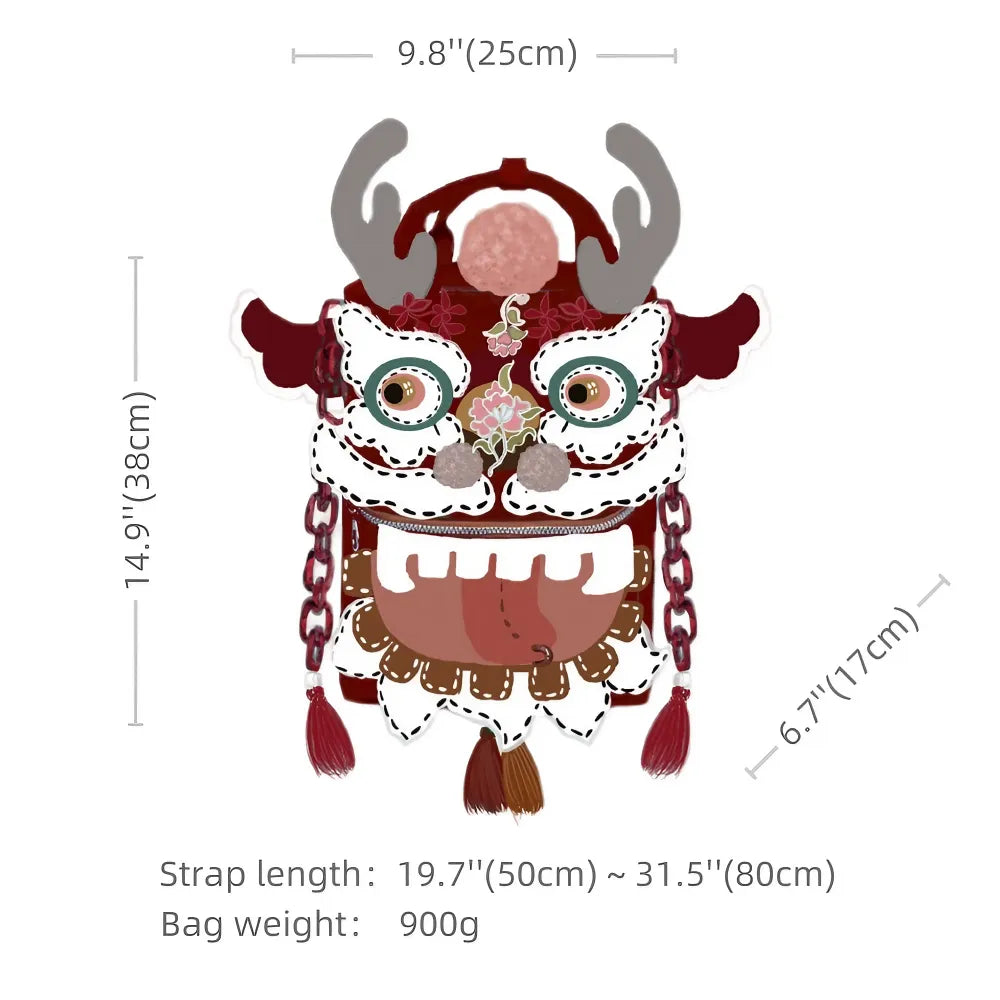 Cute and Unique Dragon Dance Kawaii Handmade Backpack in Burgundy Polyester Fiber Casual and Laptop Bag