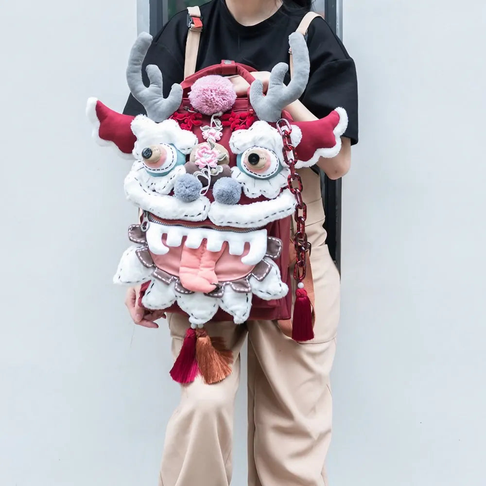 Cute and Unique Dragon Dance Kawaii Handmade Backpack in Burgundy Polyester Fiber Casual and Laptop Bag