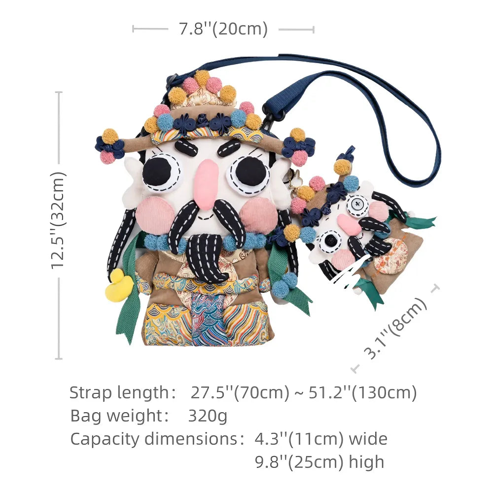 Cute and Unique God of Wealth Kawaii Shoulder Bag Cotton Material Casual and Phone Bag - Handmade