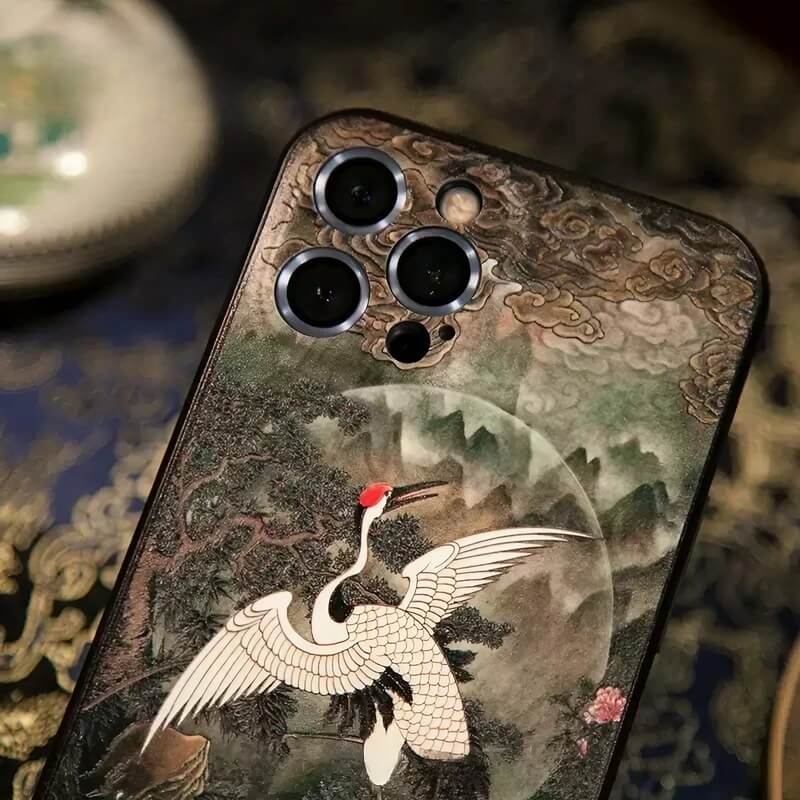 iPhone 16 Pro Max Art Case - Textured Cranes Calling in the Deep Valley TPU