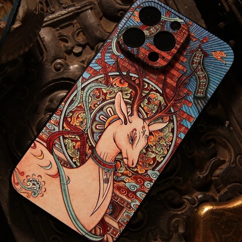 iPhone 16 Pro Max Case - 5.8″ Textured Art Fortune Deer TPU Cover