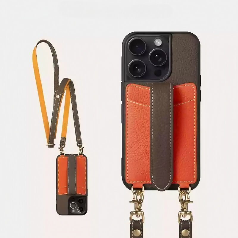 iPhone 16 Pro Max Leather Case - Black Real Leather Wallet with Phone Grip and Sling Bag