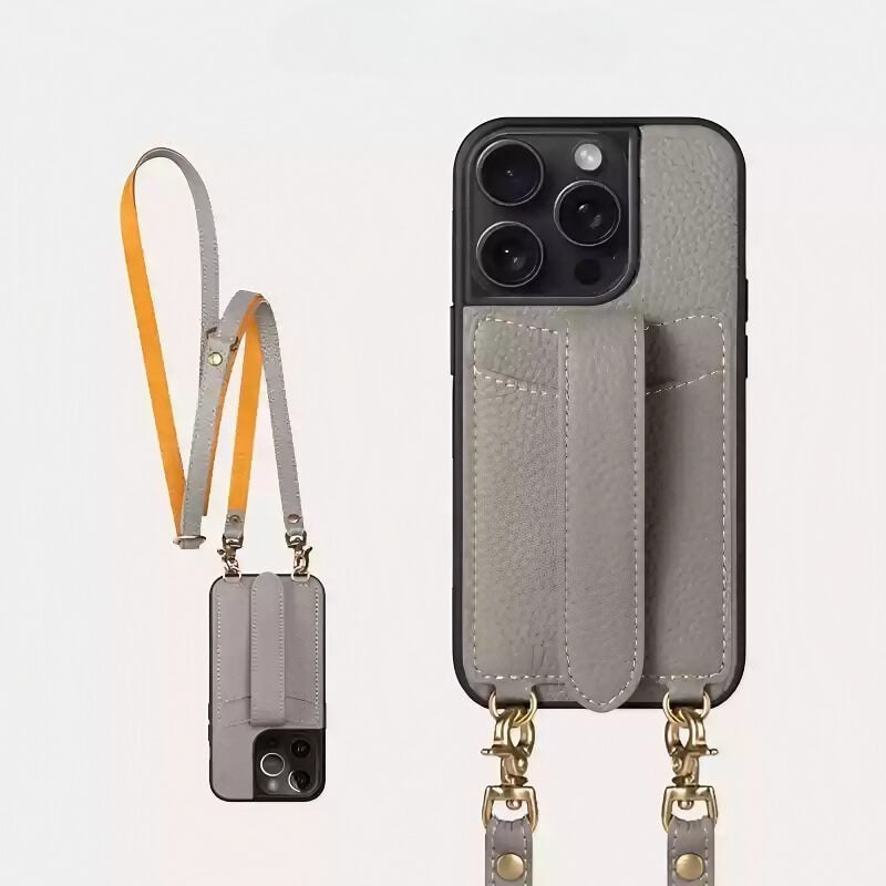 iPhone 16 Pro Max Leather Case - Black Real Leather Wallet with Phone Grip and Sling Bag