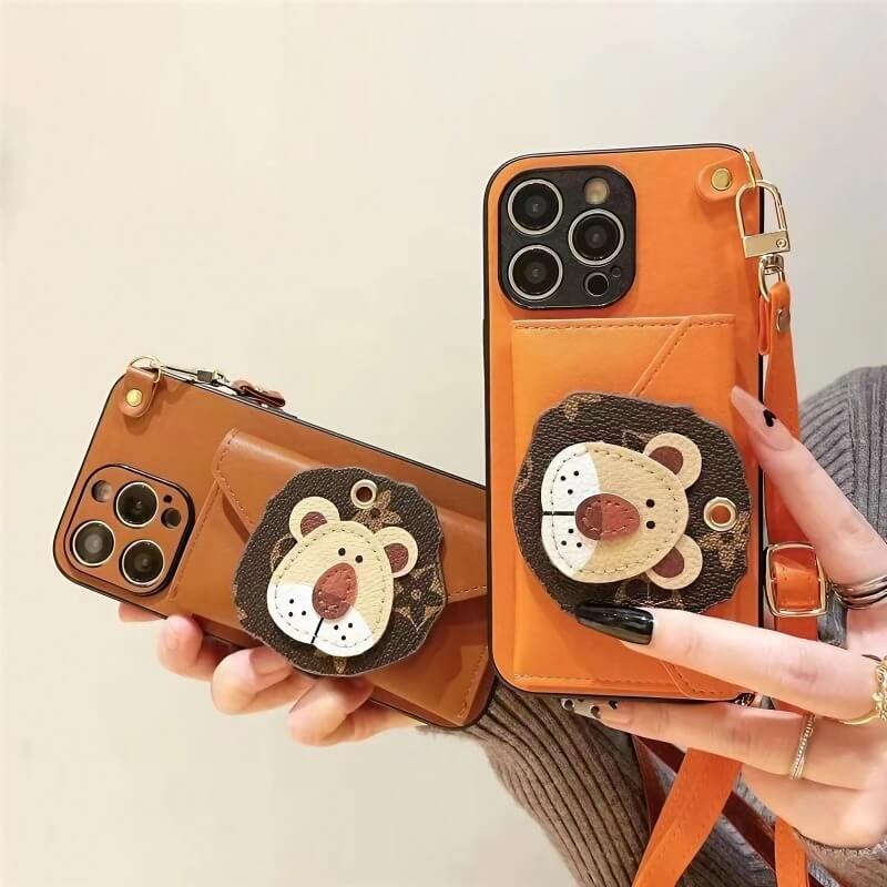 iPhone 16 Pro Max Leather Case - Wallet & Sling Bag - Orange - Lion Motif