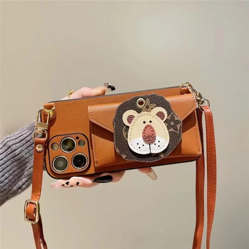 iPhone 16 Pro Max Leather Case - Wallet & Sling Bag - Orange - Lion Motif