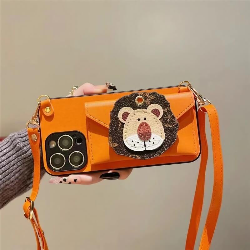 iPhone 16 Pro Max Leather Case - Wallet & Sling Bag - Orange - Lion Motif
