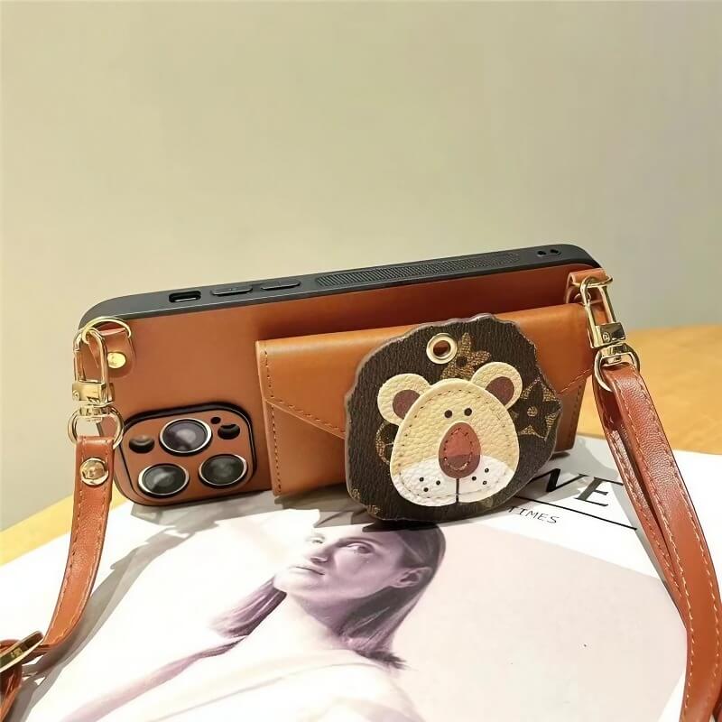 iPhone 16 Pro Max Leather Case - Wallet & Sling Bag - Orange - Lion Motif