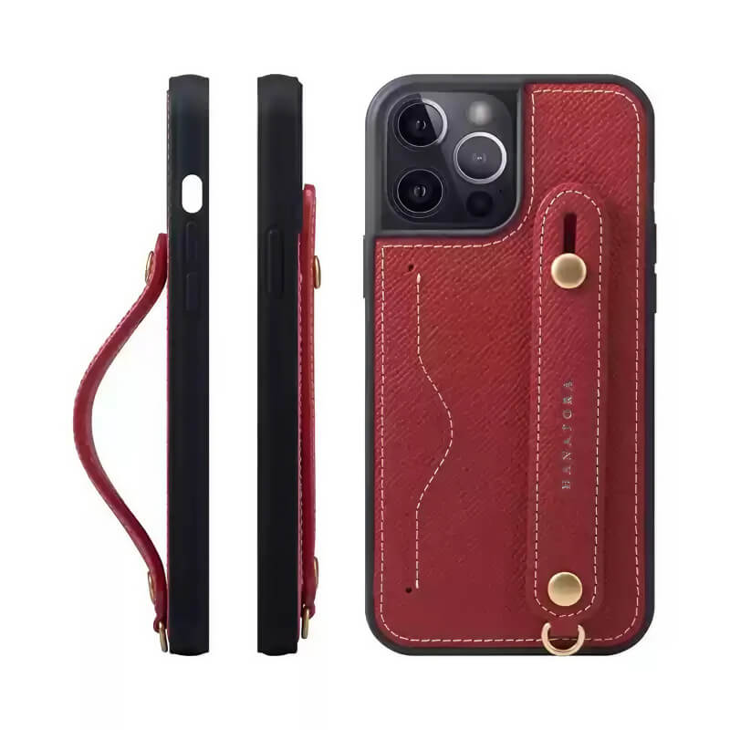 iPhone 16 Pro Max Leather Wallet Case with Phone Grip and Lanyard Black