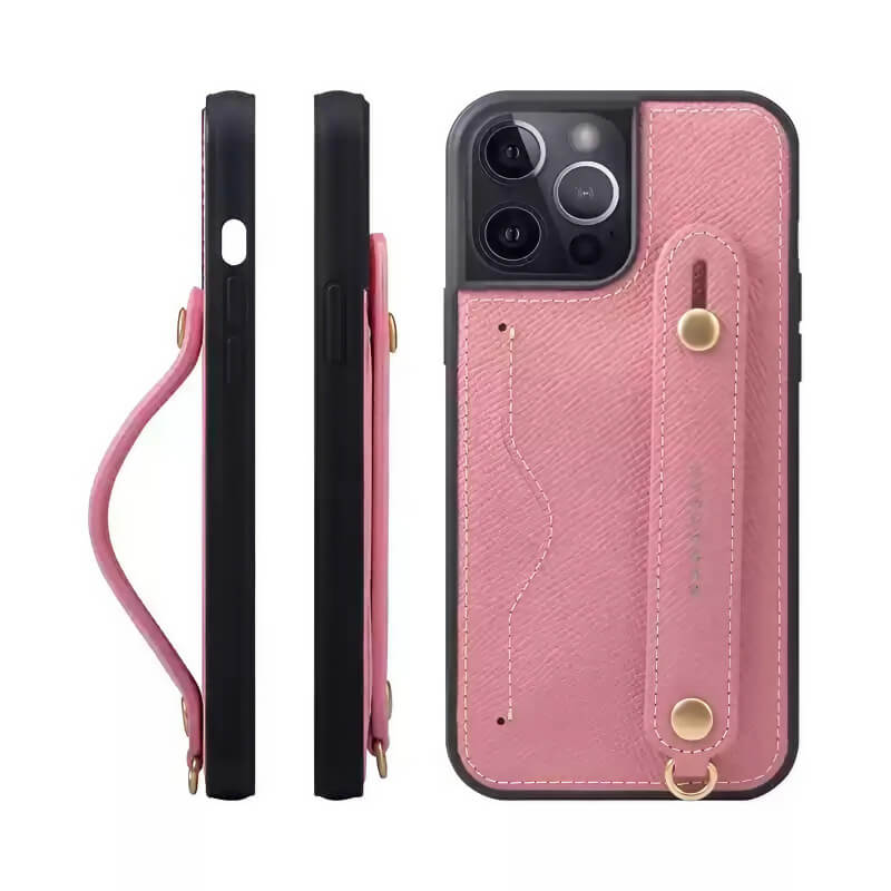 iPhone 16 Pro Max Leather Wallet Case with Phone Grip and Lanyard Black