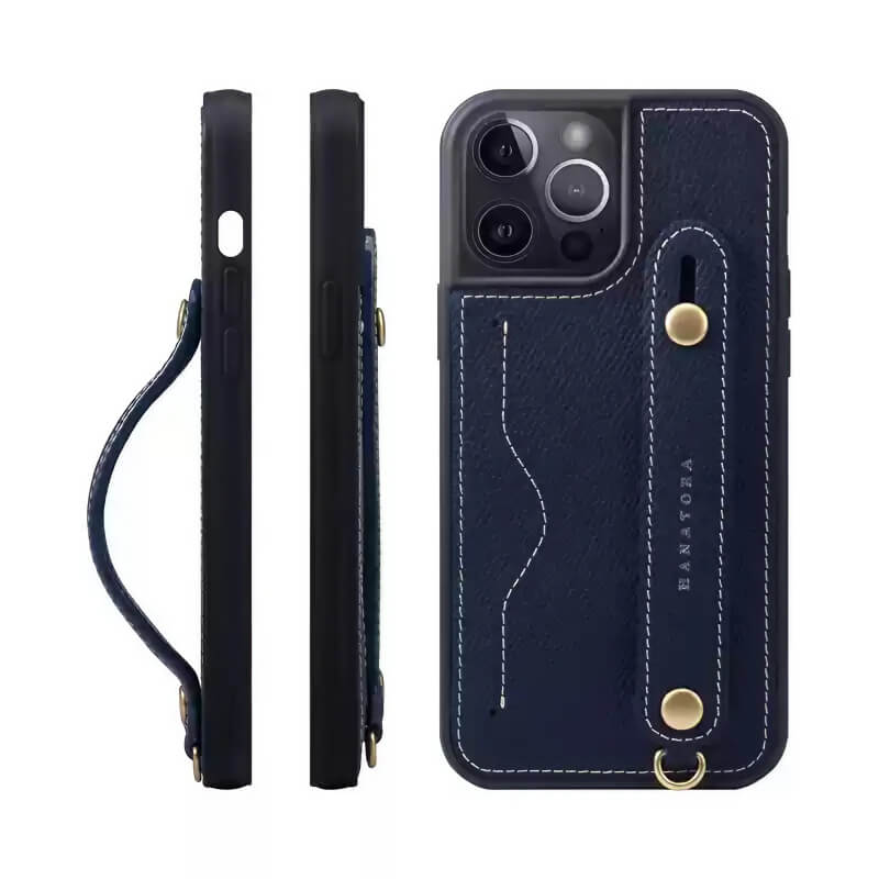iPhone 16 Pro Max Leather Wallet Case with Phone Grip and Lanyard Black