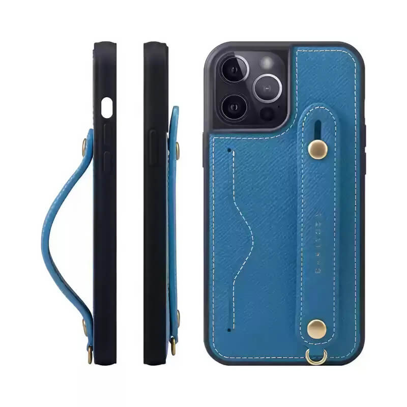 iPhone 16 Pro Max Leather Wallet Case with Phone Grip and Lanyard Black