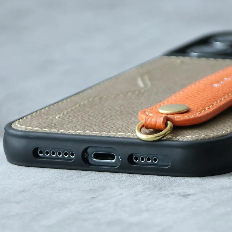 iPhone 16 Pro Max Leather Wallet Case with Phone Grip and Lanyard Black