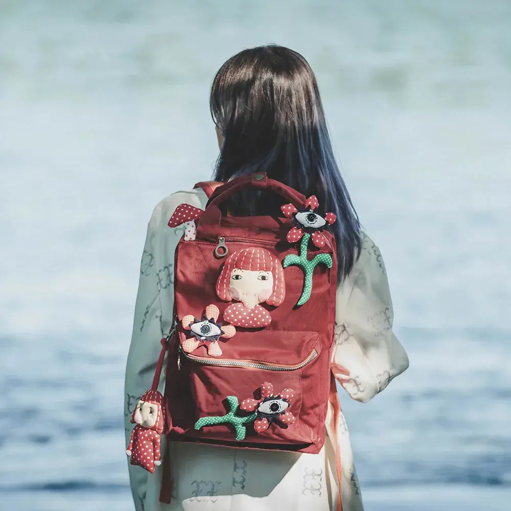 Kawaii Yayoi Kusama Red Polyester 14-inch Casual Cute Handmade Backpack