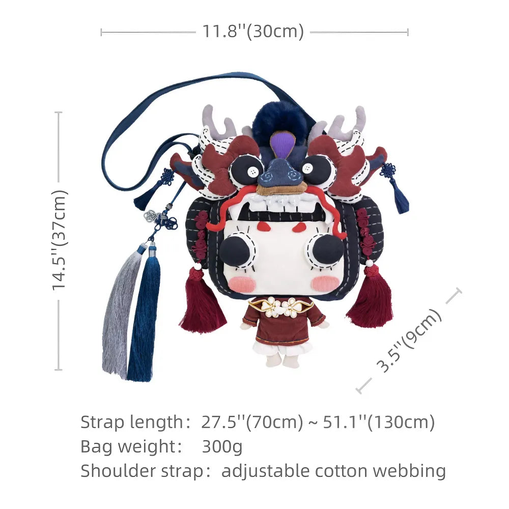 Red Cotton Kawaii Crossbody Bag for Girls with Dancing Dragon Hat Cute and Casual Phone Pouch